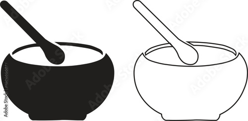 Minimalist bowl with spoon vector icons, black silhouette and outline kitchenware symbols, cooking and food preparation graphics for menu design