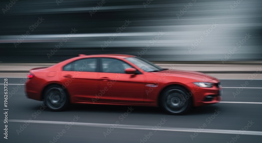 Fototapeta premium Red sedan speeding down a road with motion blur background