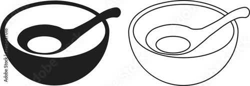 Minimalist soup bowl icons with ceramic spoon, black silhouette and line art vector set, traditional asian dinnerware symbols for restaurant menus