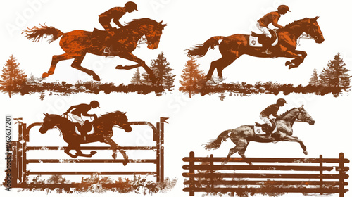 Equestrian jumpers, rendered in a textured, autumnal palette, leap over obstacles