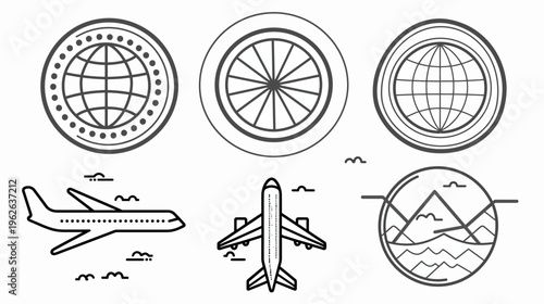 Line art depicts globe, airplanes, mountainscape in circles, suggesting global travel theme
