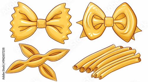 Cartoon illustration of various golden pasta shapes on a white background