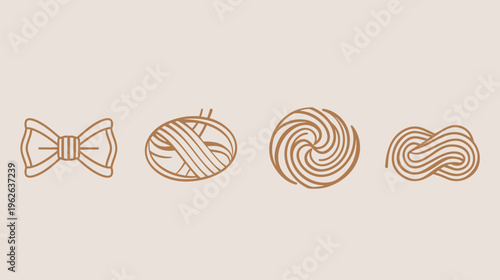 Four brown pasta shapes in a row on a light tan background, minimalist graphic