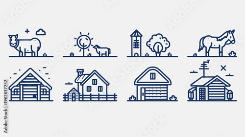 Clean line drawing of farm & home iconography. A cow, horse, and buildings are shown