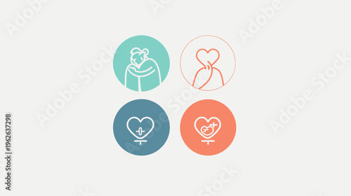 Four circular icons featuring line drawings, a person hugging, a heart outline, and heart with medical signs