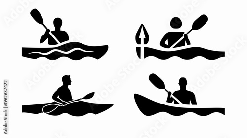 Simple black silhouettes illustrate people kayaking on wavy waters, isolated