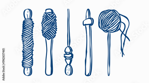 Blue sketch of various knitting yarn, embroidery floss bundles and needle tools