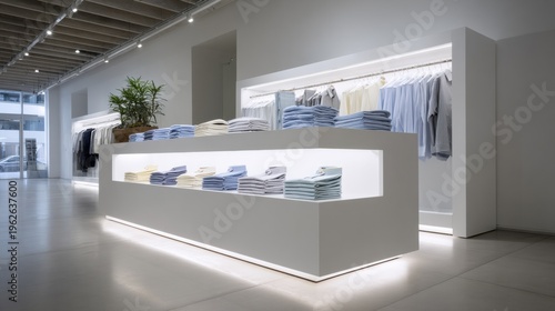 Modern clothing store interior with neatly folded shirts and minimal retail display clean design