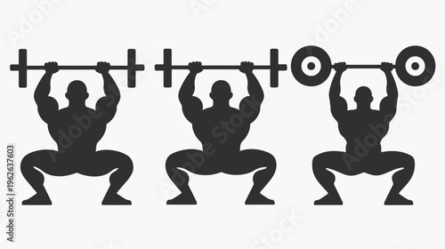 Three silhouetted weightlifters squatting with bars, illustrating progress or stages