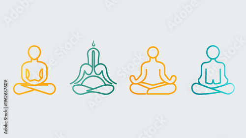 Four stylized figures in lotus pose with gradient fill on a light gray background