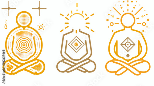Trio of stylized, meditating figures in cross-legged poses, radiating energy in shades of gold