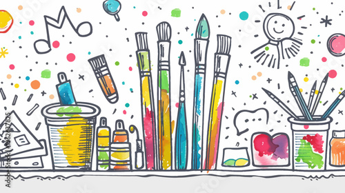 Colorful, illustrative art supplies, brushes, and paint pots against a white background