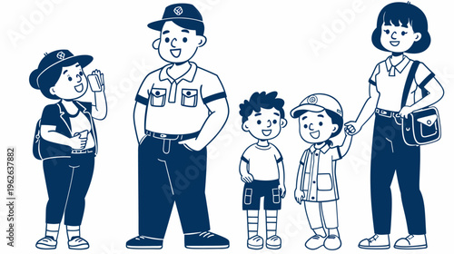 Illustration of a group of people, two adults and two children, cartoon style in blue lines