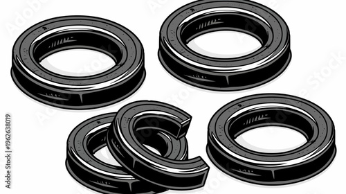 Illustration of several industrial components, featuring a stylized rendering with shadows