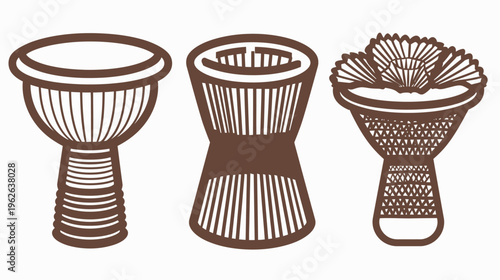 Three stylized brown percussion instruments on white background, reminiscent of drums