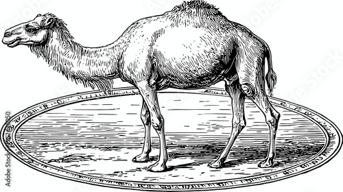 Intricate black and white illustration of a camel standing on a detailed circular platform