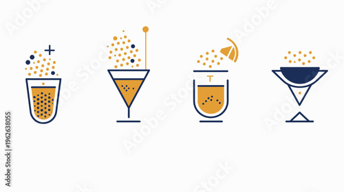 Four colorful icons depict cocktail-making steps, from mixing to serving. Each showcases a different drink style