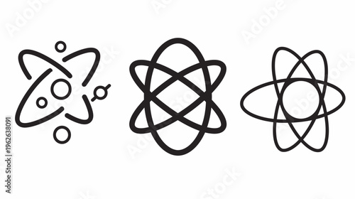 Three minimalist line art illustrations of abstract atom-like structures in black on a white background