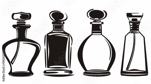Four monochrome stylized vintage bottles in a row, varied shapes and stoppers