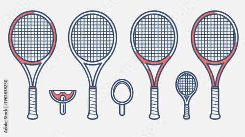 Several tennis rackets and paddles in a line, different sizes, blue lines and orange