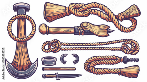 Vector illustration of various nautical elements, rope details, and maritime objects