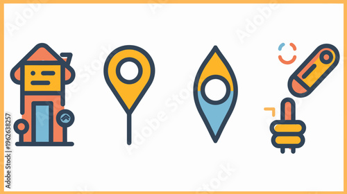 Icon set with house, location pin, marker, and interactive design elements, flat style