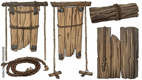 Stylized digital illustrations featuring wooden planks, rope, and fasteners, suggesting a rustic aesthetic