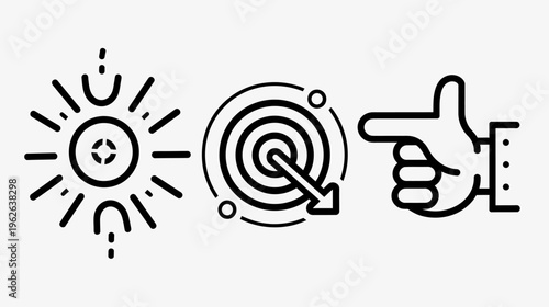 Illustration with burst, target with arrow, and hand pointing right, all in black outlines