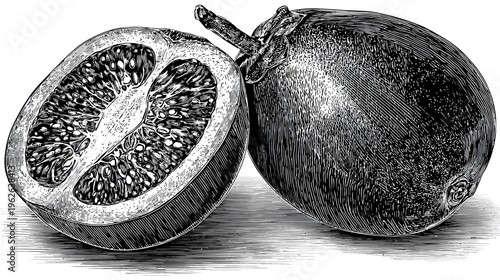 Monochrome depiction of a cut, open fruit and a whole fruit next to it, with meticulous line work