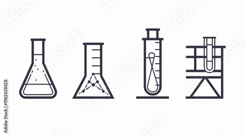 Simplified illustration of lab equipment, including beakers, flasks, and test tubes, in a clean, minimalist style