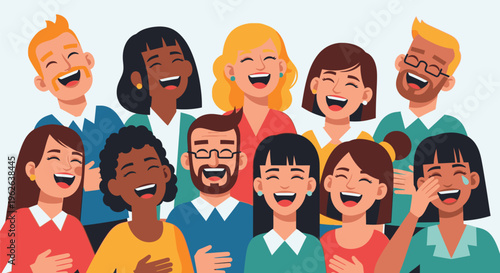 A diverse group of people laughing together in a joyful celebration with friends and family indoors.