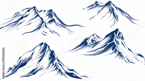 Mountain range illustrations in dark blue ink against a stark white background
