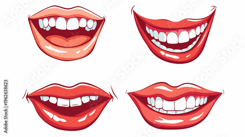 Cartoonish illustration of four different mouths, all open showing teeth and tongue