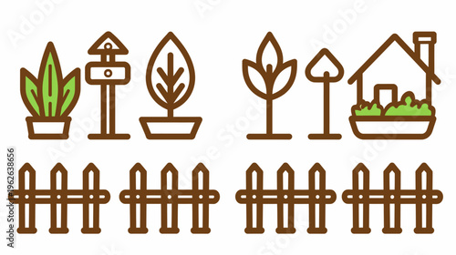 A collection of stylized illustrations of garden elements, including plants, a house, and a fence