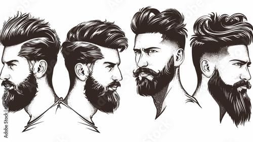 Four sketched men profiles with varying beard and hair styles, isolated on white