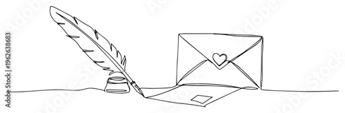 Quill Pen and Love Letter Continuous One Line Drawing Minimalist Romantic Correspondence and Writing