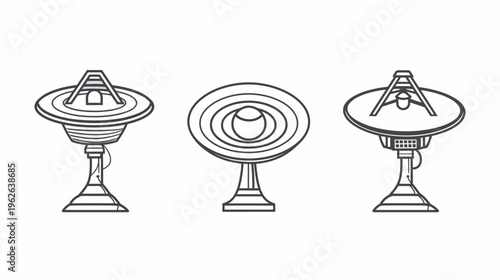 Three stylized, monochromatic illustrations of futuristic communication devices on white background