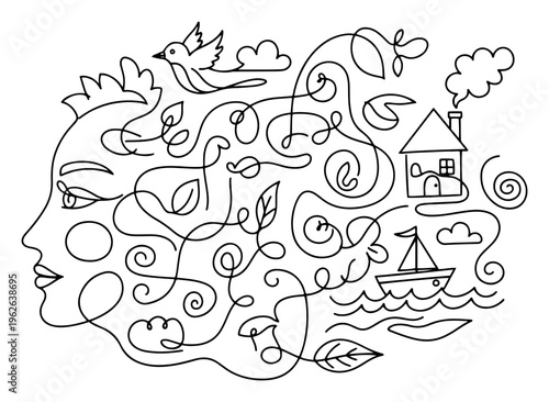 Woman Profile with Dreamy Doodle Hair Featuring Bird House and Boat Abstract Line Art