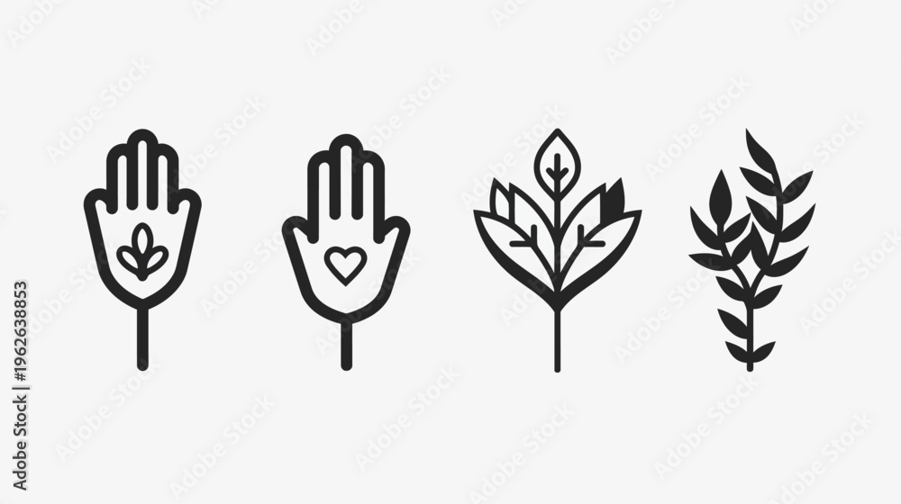 Fototapeta premium A collection of four simple, black line art illustrations on a white background hands, leaves, and stems