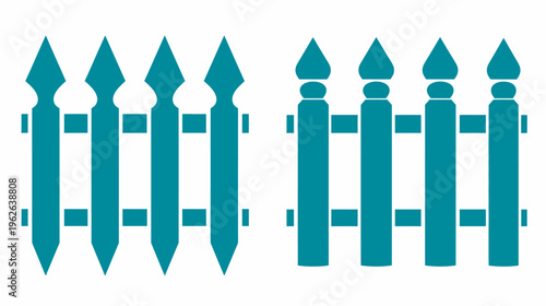 Two turquoise picket fence designs, featuring distinct shapes, on a white background