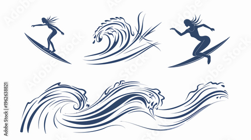 Surf scene with line drawing of female surfers and ocean waves in dark blue, stylish
