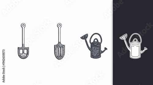 Illustration of gardening tools, including shovels and watering cans, styled in vintage designs