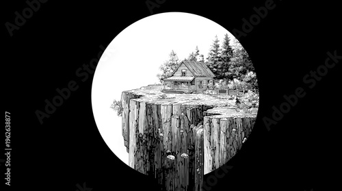 A grayscale drawing of a cabin perched on a cliff edge within a circular frame, trees surround it
