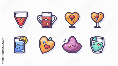Collection of stylized, colorful icons featuring cocktails and abstract heart-shaped designs, on white