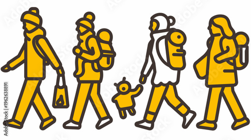 Cartoon style illustration of four people walking in a line with a child figure