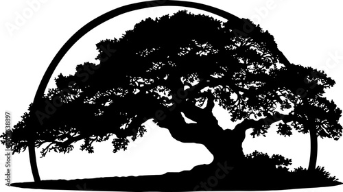 Silhouetted illustration of a large, old tree with sprawling branches and surrounding vegetation