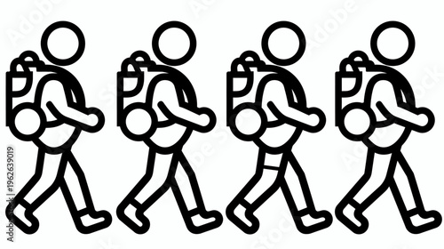 Outline illustration of four people hiking, viewed from the side with backpacks