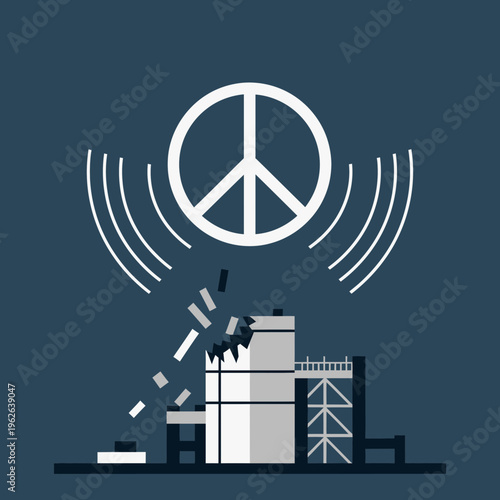 Peace sign over industrial explosion scene.