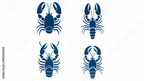 Four stylized blue lobster illustrations against a white background; minimalist design