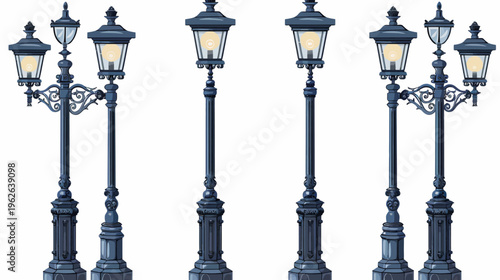 Digitally created illustration showcasing vintage street lamps with decorative scrollwork details